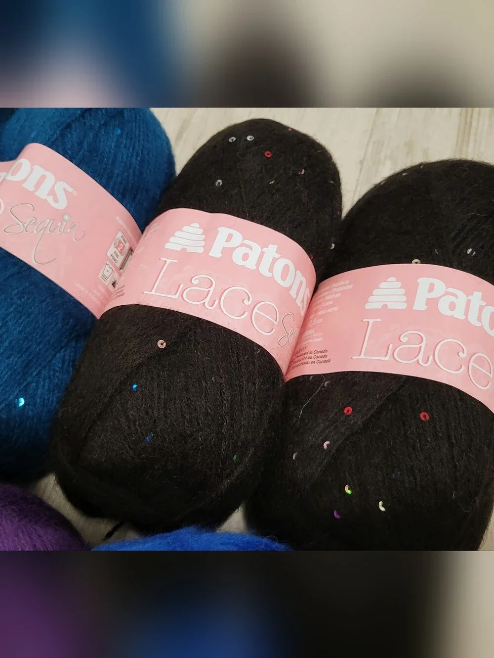 9 Skeins Patrons Lace Sequin Yarn Aquamarine Amethyst Onyx Sapphire 1.45 lb Lot